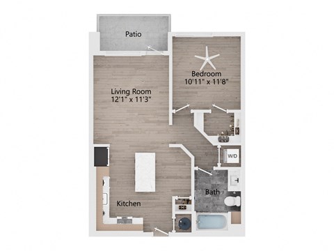 Floor plan for 1 bed, 1 bath, 736 sqft